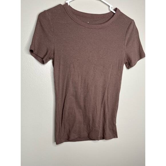 A New Day Brown Ribbed Scoop Neck Neutral Basic Womens Tee Shirt Size XS - Picture 1 of 3